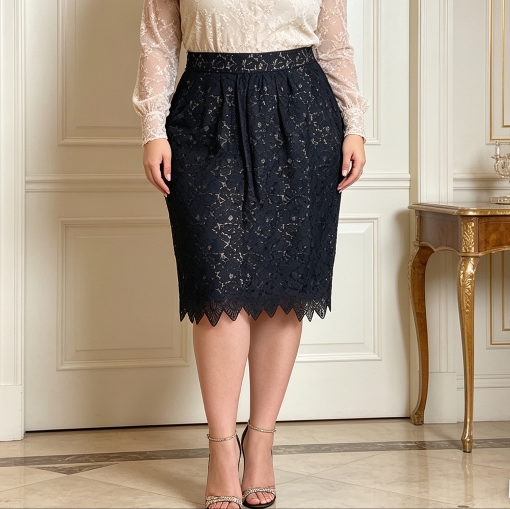 Tara Jarmon Lace Pencil Skirt Size 36 Midnight Blue Elegant Knee Length Skirt